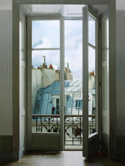 Balcony Doors 2023 oil on wood  122 x 92 cm - Jan Ros 